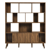 Modway Transmit 14 Shelf Bookcase with Sliding Doors in Walnut - 59 Inch Wood Mid-Century Modern Bookshelf - 4 Tier Wide Open Display Storage Cabinet for Living Room, Office, Hallway Modway