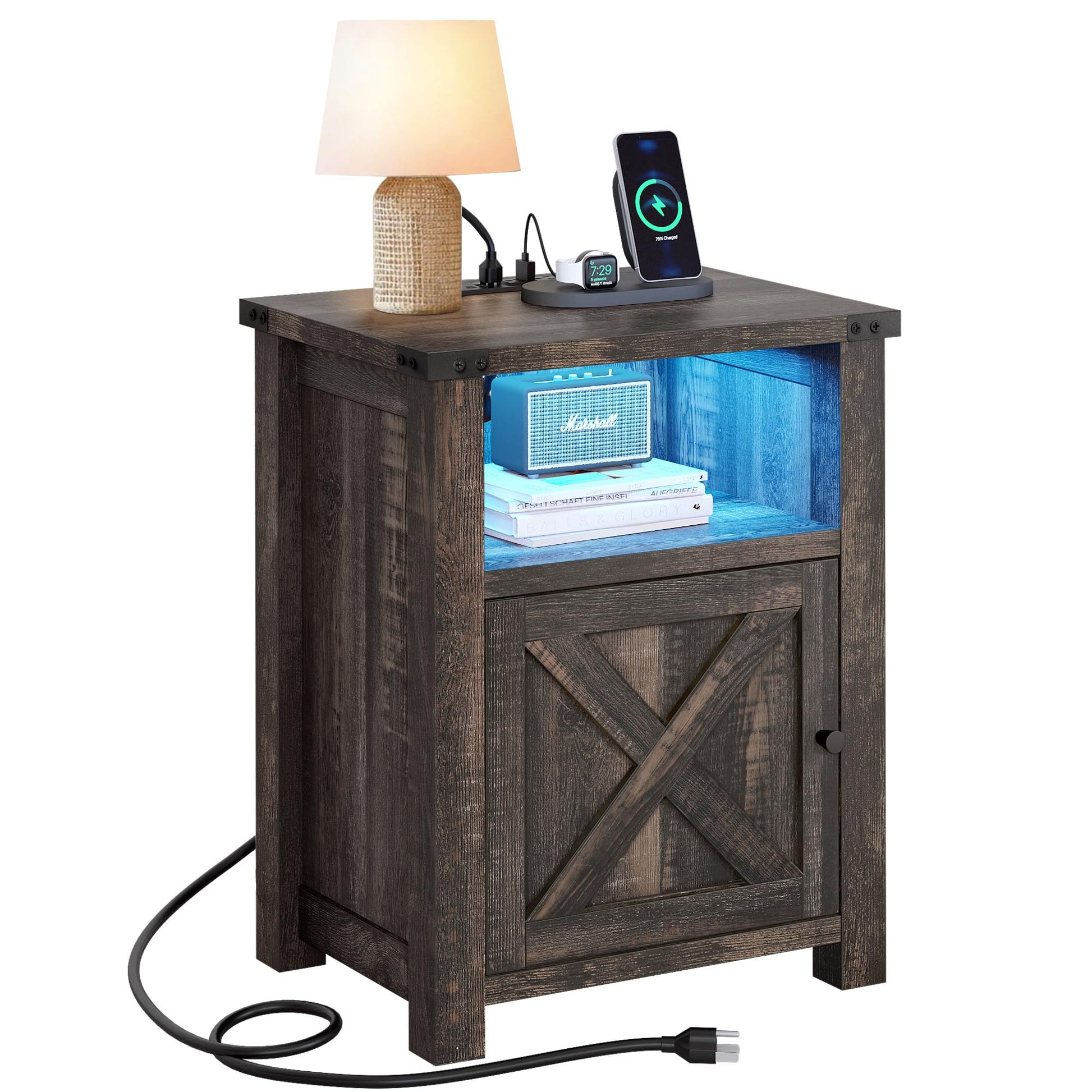 YITAHOME Farmhouse Nightstand with Charging Station & LED Lights, End Side Table with Storage Cabinet, Night Stands for Bedroom, Bedside Table with Barn Door & Storage Shelf, Dark Rustic Oak - WoodArtSupply