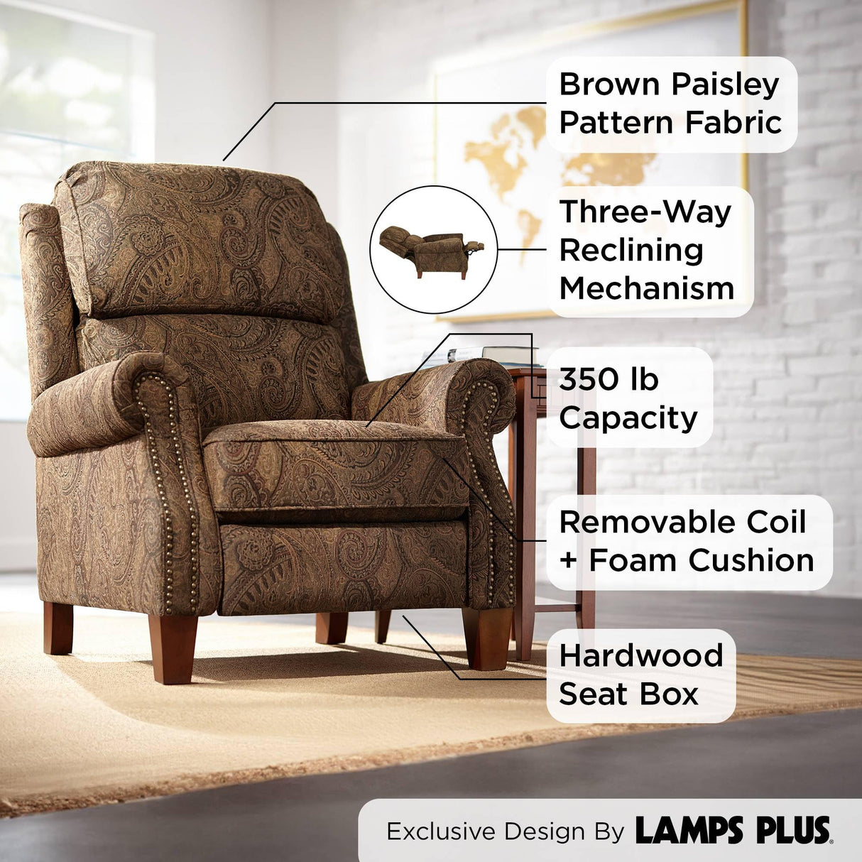Kensington Hill Beaumont Warm Brown Paisley Patterned Recliner Chair Traditional Armchair Comfortable Push Manual Reclining Footrest Adjustable for Bedroom Living Room Reading Home Relax Office Kensington Hill