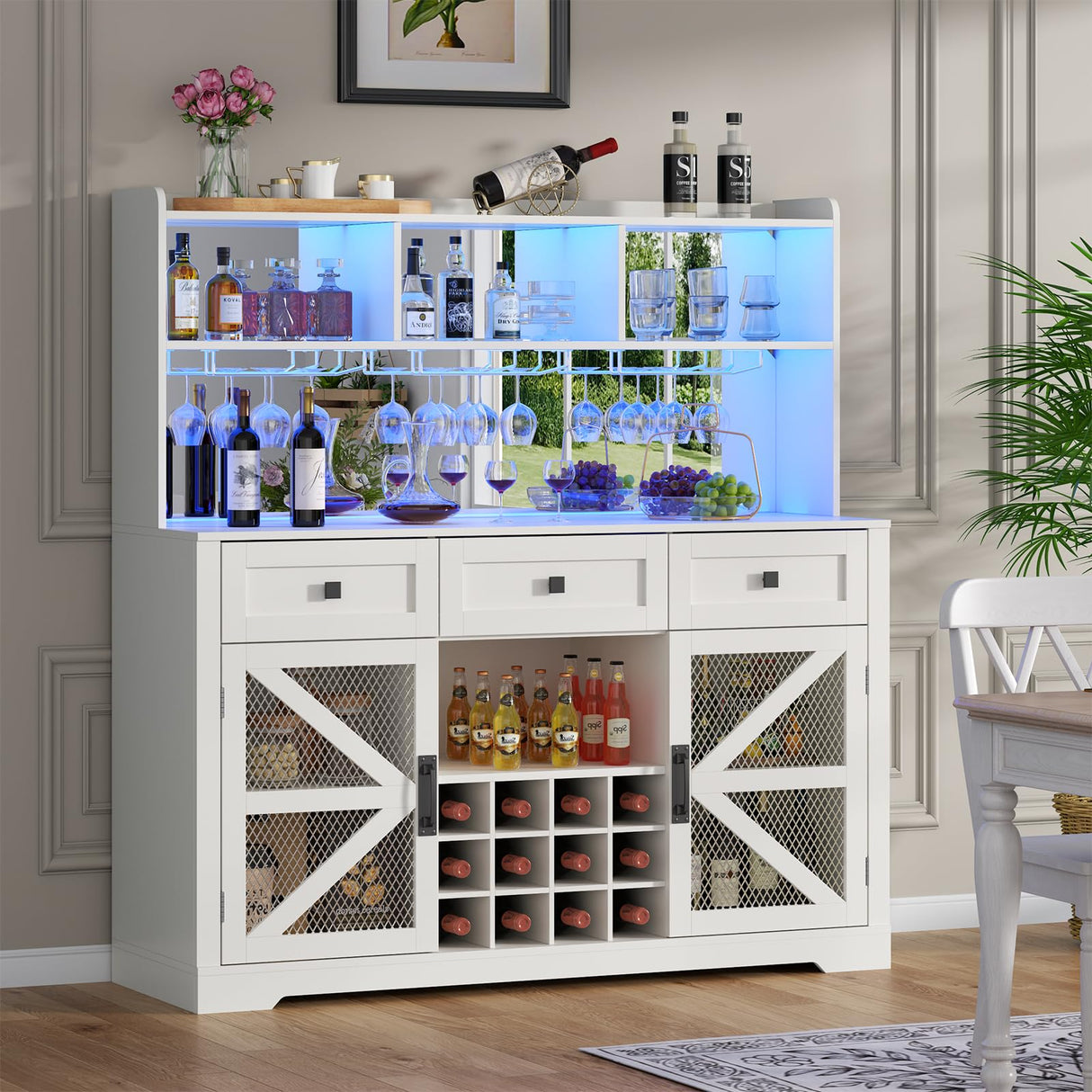 Gyfimoie Farmhouse Wine Bar Cabinet with LED Lights, Kitchen Coffee Bar Cabinet with Acrylic Mirror, Wine & Glass Rack, Storage Shelves and 3 Drawers (2-Tier Hutch) Gyfimoie