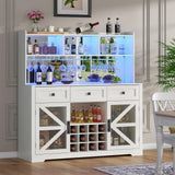 Gyfimoie Farmhouse Wine Bar Cabinet with LED Lights, Kitchen Coffee Bar Cabinet with Acrylic Mirror, Wine & Glass Rack, Storage Shelves and 3 Drawers (2-Tier Hutch) Gyfimoie