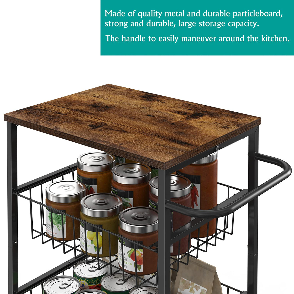 Kitchen Storage Cart on Wheels 4 Tier Utility Rolling Cart with Baskets Farmhouse Serving Cart with Handle Mesh Basket Pantry Cart Rack with Wooden Tabletop for Pantry Bathroom Office, Brown CADUKE