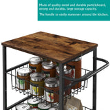 Kitchen Storage Cart on Wheels 4 Tier Utility Rolling Cart with Baskets Farmhouse Serving Cart with Handle Mesh Basket Pantry Cart Rack with Wooden Tabletop for Pantry Bathroom Office, Brown CADUKE