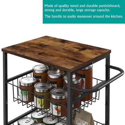 Kitchen Storage Cart on Wheels 4 Tier Utility Rolling Cart with Baskets Farmhouse Serving Cart with Handle Mesh Basket Pantry Cart Rack with Wooden Tabletop for Pantry Bathroom Office, Brown - WoodArtSupply