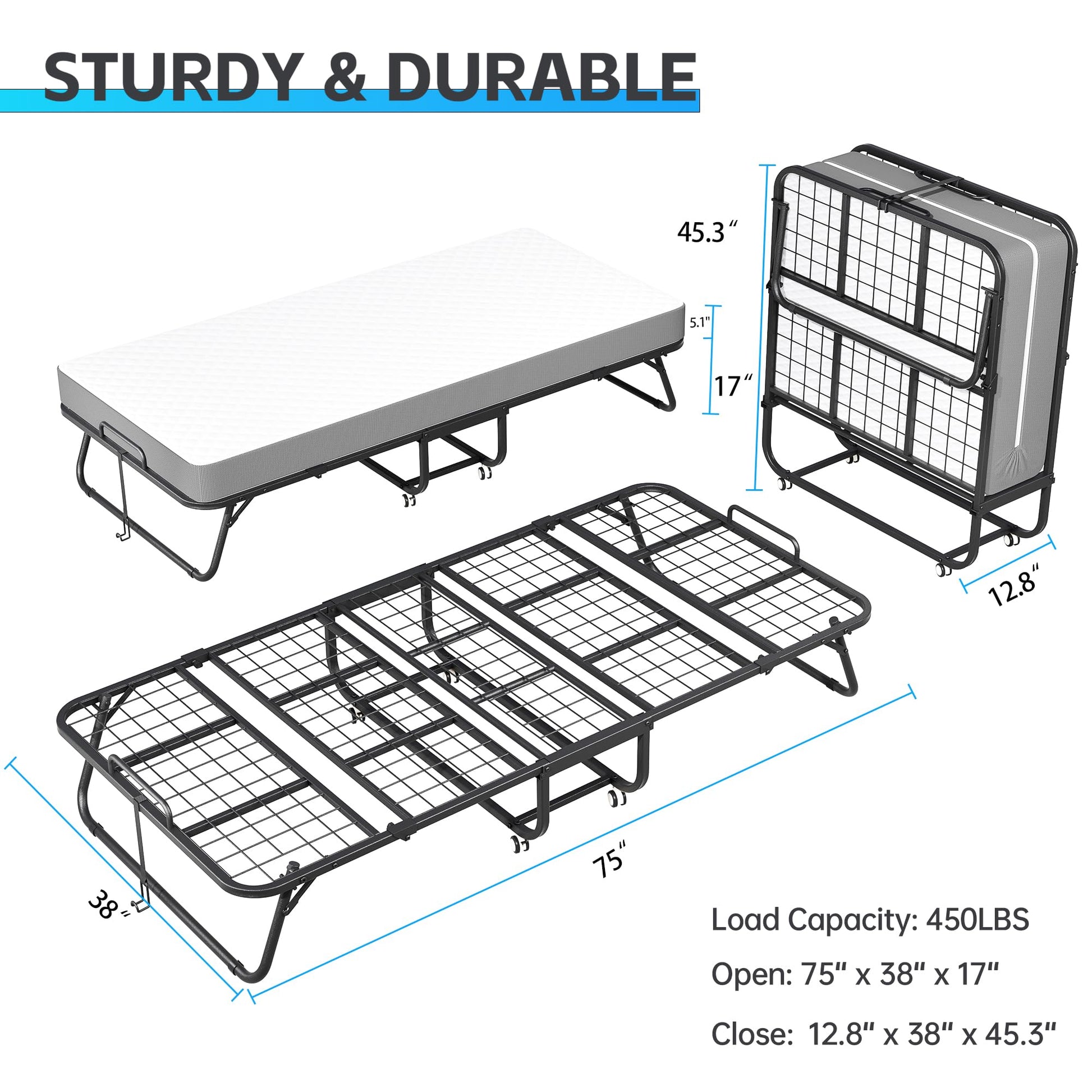 Greenvelly Twin Folding Bed with 5” Memory Foam Mattress - Space-Saving Rollaway Bed in Black - WoodArtSupply