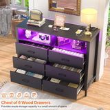 Hyomdeck Black Dresser for Bedroom, 6 Drawer Dresser with LED Lights and Power Outlet, Wood Dresser, Tall Chest of Drawer Storage Organizer, Dresser TV Stand for Living Room, Hallway, Entryway Hyomdeck