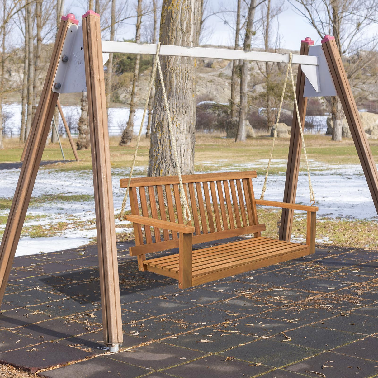 HAPPYGRILL 2-Person Acacia Wood Outdoor Porch Swing, Patio Swing Chair Patio Hanging Bench Chair with 800lb Weight Capacity and 8.2 ft Hanging Ropes HAPPYGRILL