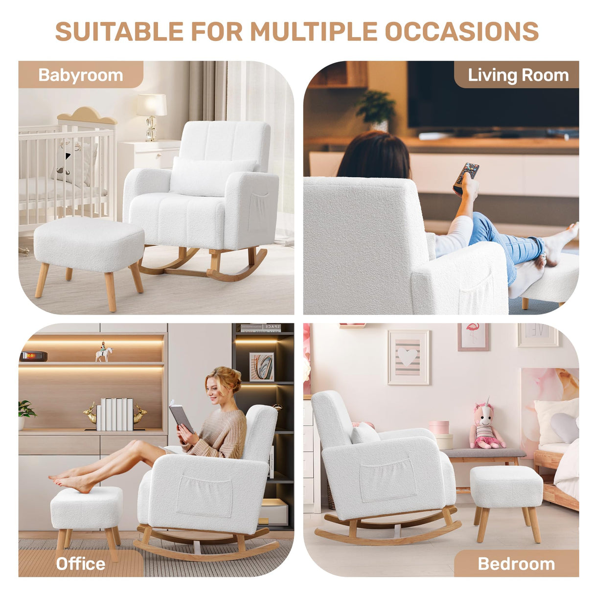 HCHAIRH Rocking Chair with Ottoman, Upholstered Nursing Glider Rocker with High Backrest and Side Pocket, Comfy Reading Chair with Solid Wood Legs for Nursery/Living Room/Bedroom White HCHAIRH