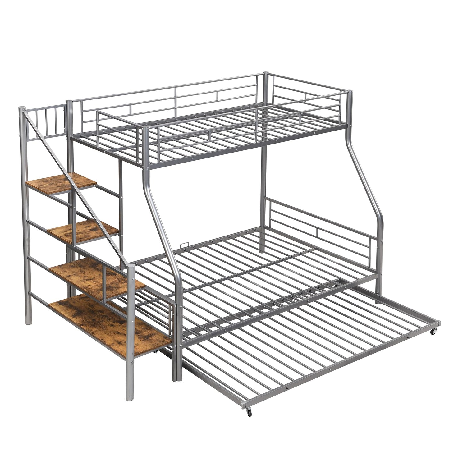 Ziraukon Twin Over Full Bunk Bed with Trundle and Stairs, Twin Over Full Size Metal Bed Frame with Storage and Safe Guardrails, Noise Reduced, No Box Spring Needed, Silver