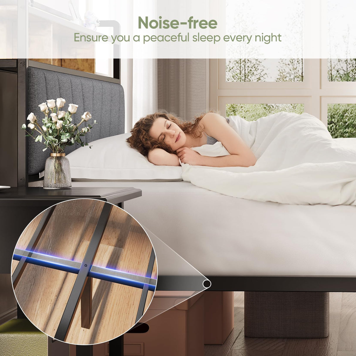 Welzona Queen Bed Frames with Headboard, LED Lights Queen Size Bed Frames with Charging Station, Sturdy and Noise-Free, Storage Space Under Bed, No Box Spring Needed, Brown Welzona