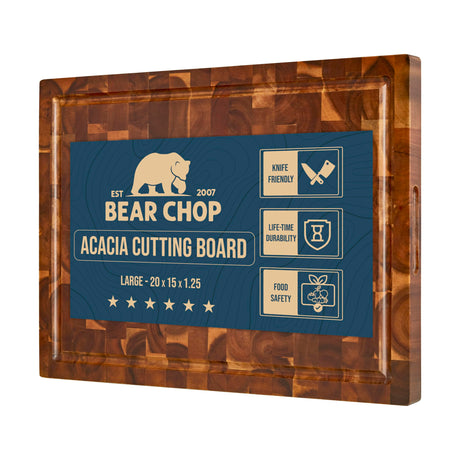 Bearchop Acacia Wood Cutting Boards for Kitchen, [20"x15"x1.25"] Large End Grain Cutting Boards, Solid Wood Butcher Block Cutting Board with Juice Grooves and Handle, Knife Friendly, Reversible EST 2007 BEAR CHOP