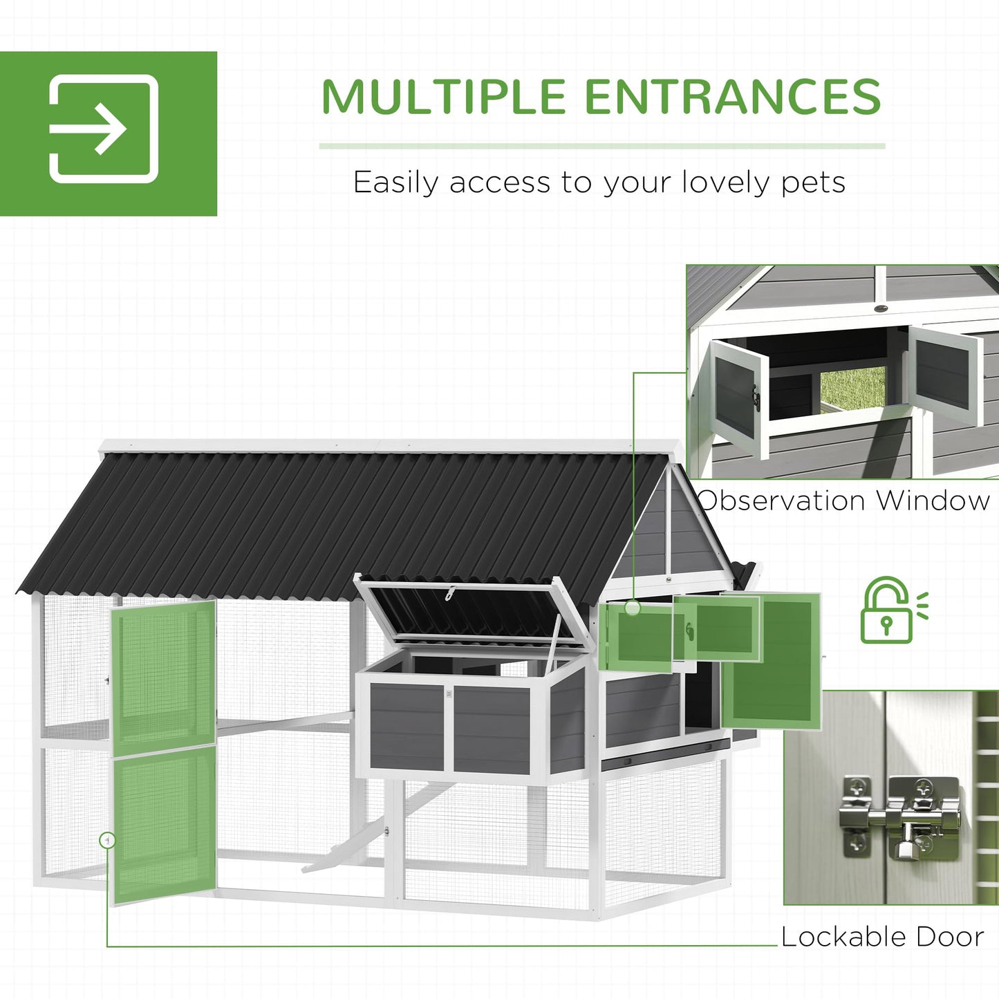 PawHut Chicken Coop with Run, Large Wooden Chicken House with 2 Nesting Boxes, 2 Roosting Bars, Ramp & Tray, Hen House Poultry Cage for 6-8 Chickens, 69" W x 84" x 59"