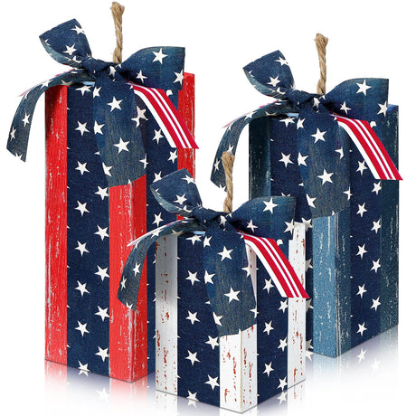 DoubleFill 3 Pcs 4th of July Decor Rustic Wood Presents Firework Patriotic Wooden Faux Blocks with Bowknot Independence Day Centerpiece for Table 4th of July Tiered Tray Decor Farmhouse Decorations DoubleFill