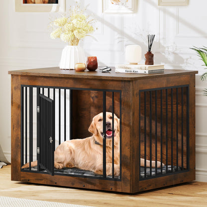 YITAHOME Dog Crate Furniture for Large Dogs, Side End Table, Modern Dogs Kennel Indoor up to 80 lb, 2-in-1 Iron-Wood Fusion Dog Cage with Waterproof Top, Safety Corners, Steel Lock,43" L,Rust - WoodArtSupply