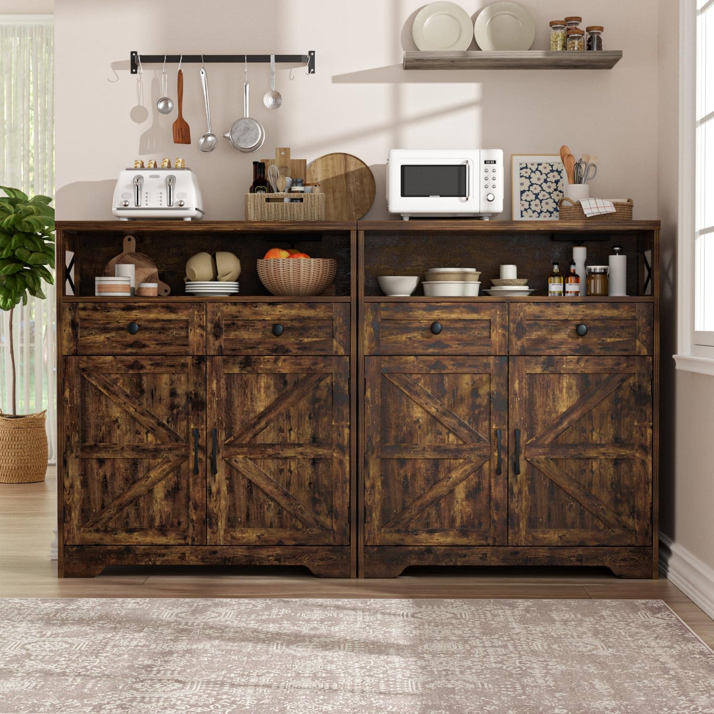 31.5" Rustic Brown Storage Cabinet with Doors and Drawers, Farmhouse Sideboard Buffet Cabinet with Storage, Kitchen Pantry Hutch Cabinet, Coffee Bar Station Table for Kitchen, Livingroom, Dining Room