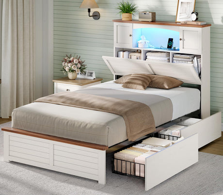 MSmask Farmhouse Bed Frame Twin Size with Bookcase and Storage Cabinets Headboard, Wood Platform Bed with LED Lights, Charging Station, 4 Drawers, Decoration Footboard, No Box Spring Needed, White MSmask