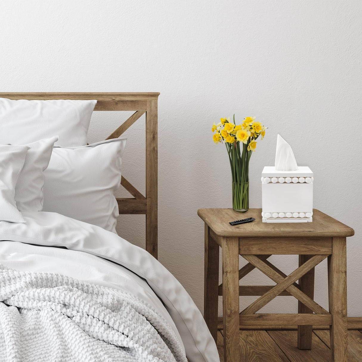 AuldHome Beaded Square Tissue Box Cover (White); Rustic Farmhouse Wood Tissue Holder AuldHome Design