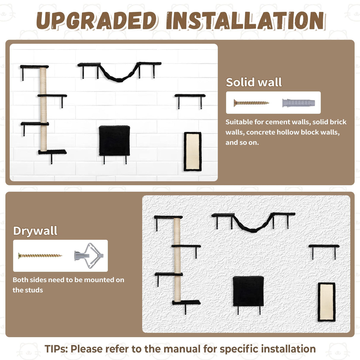 COZIWOW Wall Mounted Cat Furniture, Cat Wall Shelves and Perches, Floating Cat Shelves for Wall Set of 5 (Black) COZIWOW