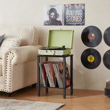 LELELINKY 2-Tier Record Player Stand with Vinyl Record Storage up to 100 Albums, Bedroom Record Holder and Multi-Functional End Table for Living Room, Black LELELINKY