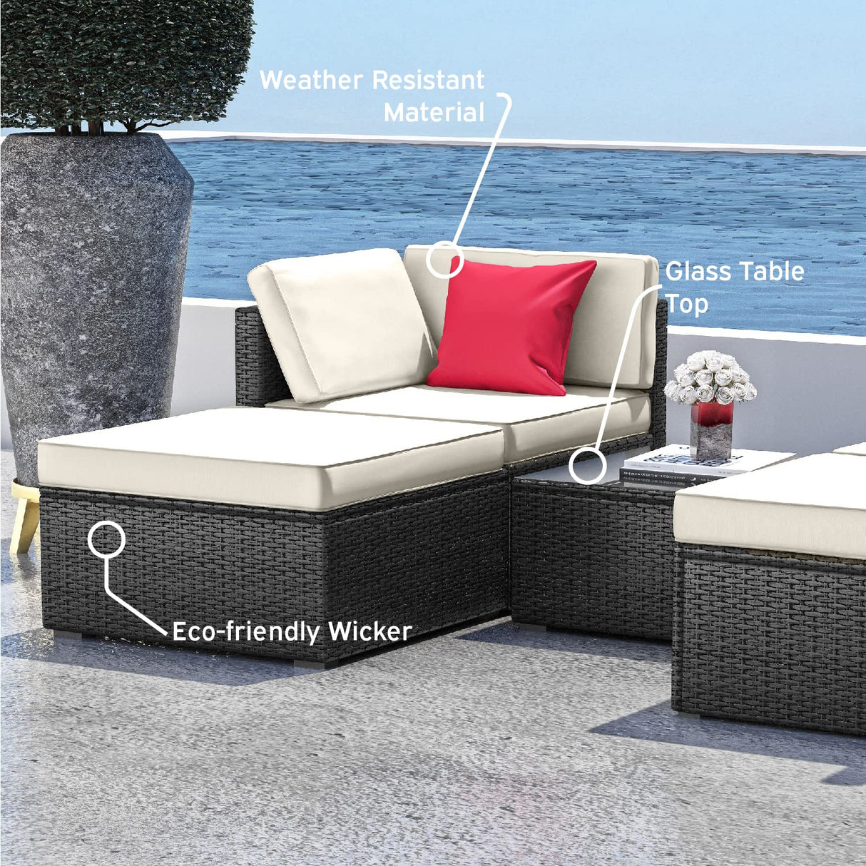 Nestl Outdoor Patio Furniture Set – Outdoor Furniture Patio Set, 5 Piece Patio Furniture Sets with Outdoor Couch, Outdoor Sectional with Off White Cushions, Black Wicker Patio Furniture Sets Nestl