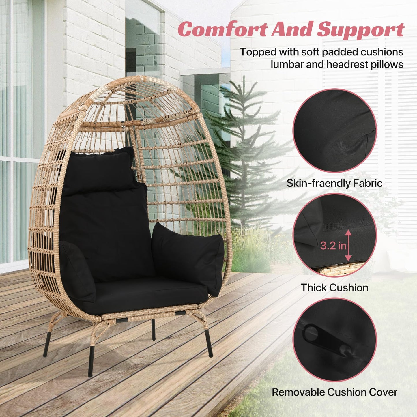 Dkelincs Wicker Egg Chair Indoor Outdoor Lounge Chair Patio Reading Chair Oversized Rattan Egg Chair for Patio, Backyard, Garden, Living Room w/ 4 Cushions Steel Frame, 352lb Capacity(Black)