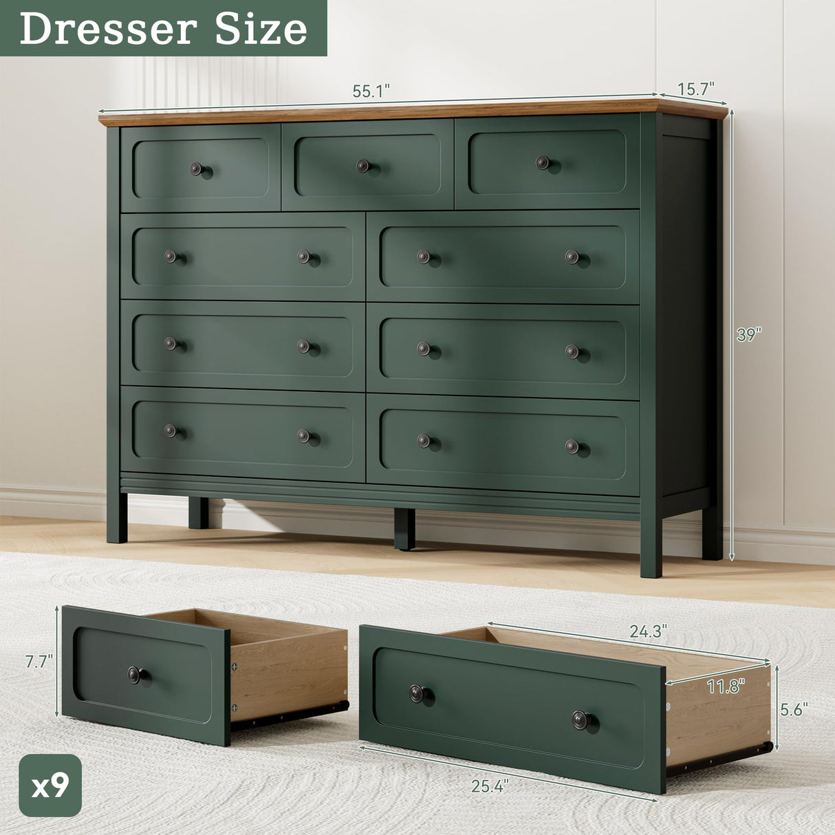 Tradare Dresser for Bedoom, Modern Chest of Drawers, Wood 9 Drawer Dresser with Metal Handles, Storage Organizer Wide Dressers for Living Room, Hallway, Entryway, Green Tradare