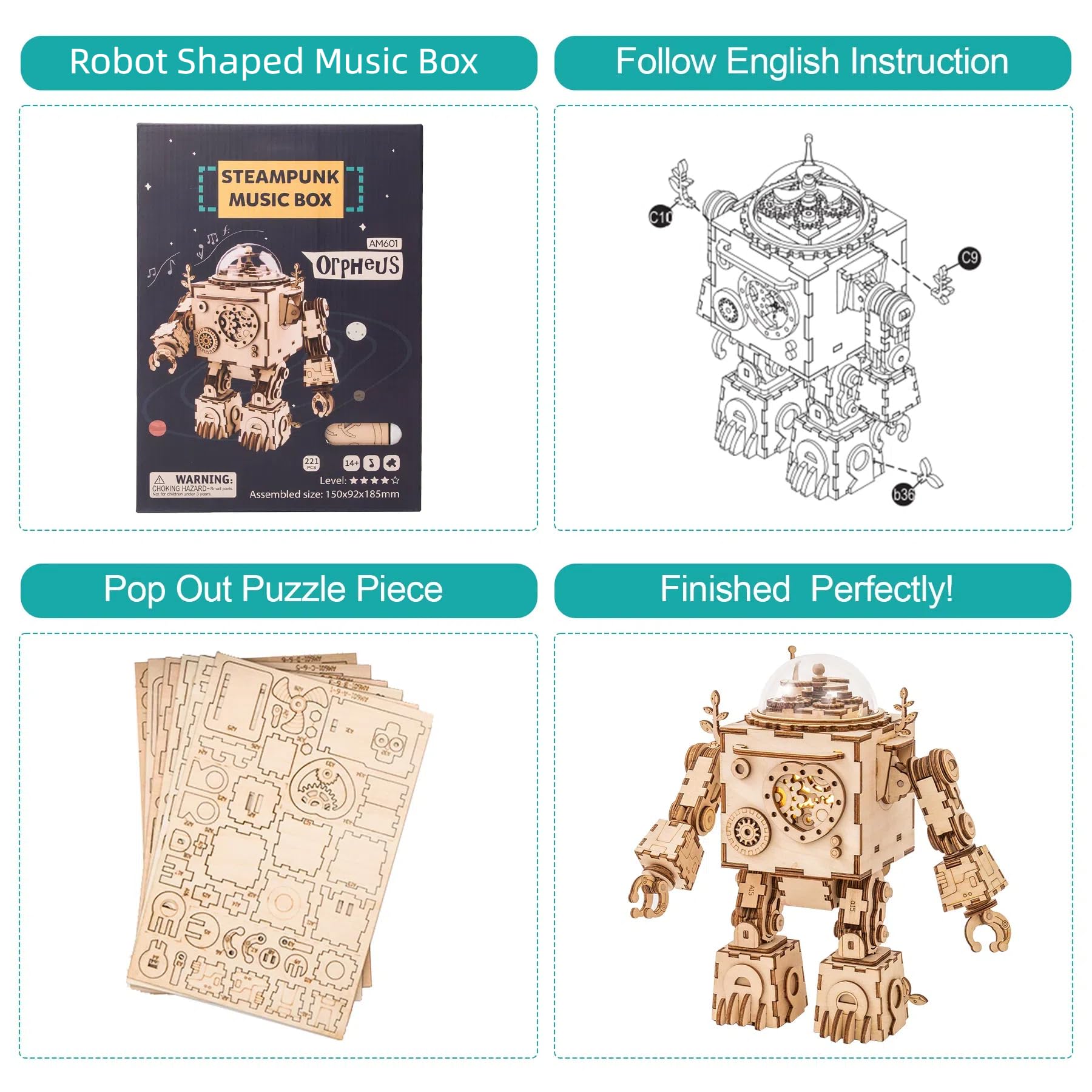 ROKR 3D Wooden Puzzles for Adults Steampunk Robot Figures Model Music Box DIY Toys Craft Hobbies for Men Gifts for Women Christmas/Birthday/Valentine's Day (AM601D) - WoodArtSupply