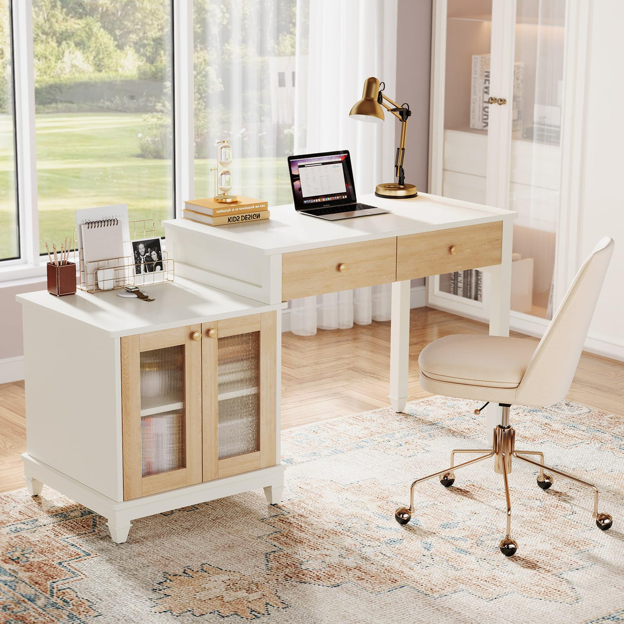Tribesigns Office Desk with Storage, Reversible Computer Desk with Drawers and Printer Space, Modern Study Writing Table Workstation for Home Office, Bedroom (White + Light Walnut) Tribesigns