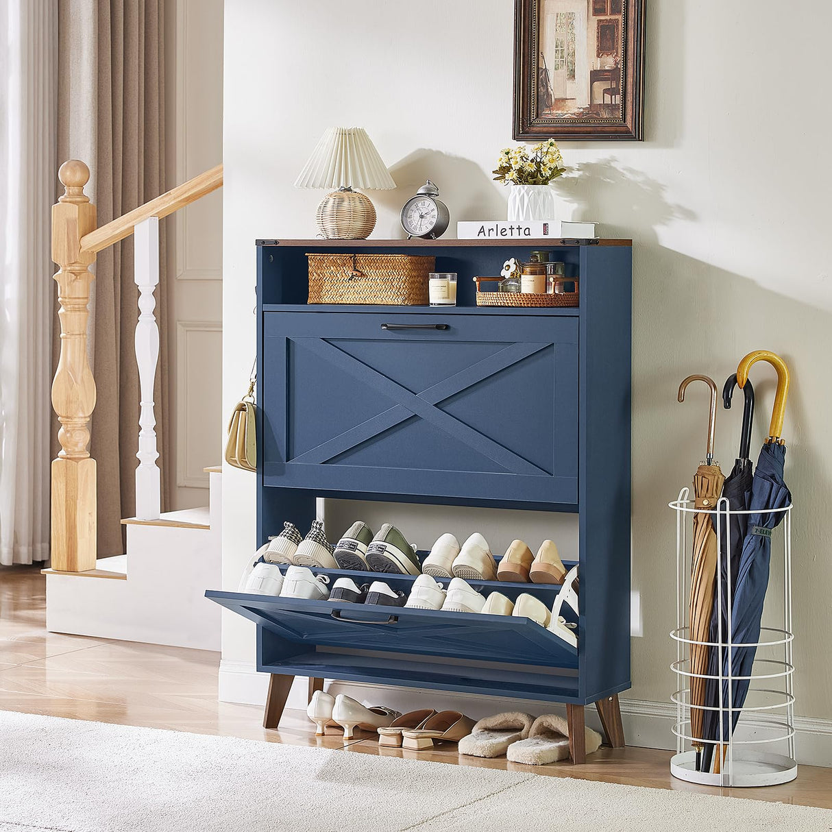 Joaxswe Shoe Storage Cabinet with 2 Flip Drawers, Farmhouse Shoe Organizer for Entryways, Narrow Hidden Rack & Open Storage, Free Standing Closet for Foyers, Hallways, Navy Blue Joaxswe