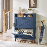 Joaxswe Shoe Storage Cabinet with 2 Flip Drawers, Farmhouse Shoe Organizer for Entryways, Narrow Hidden Rack & Open Storage, Free Standing Closet for Foyers, Hallways, Navy Blue Joaxswe
