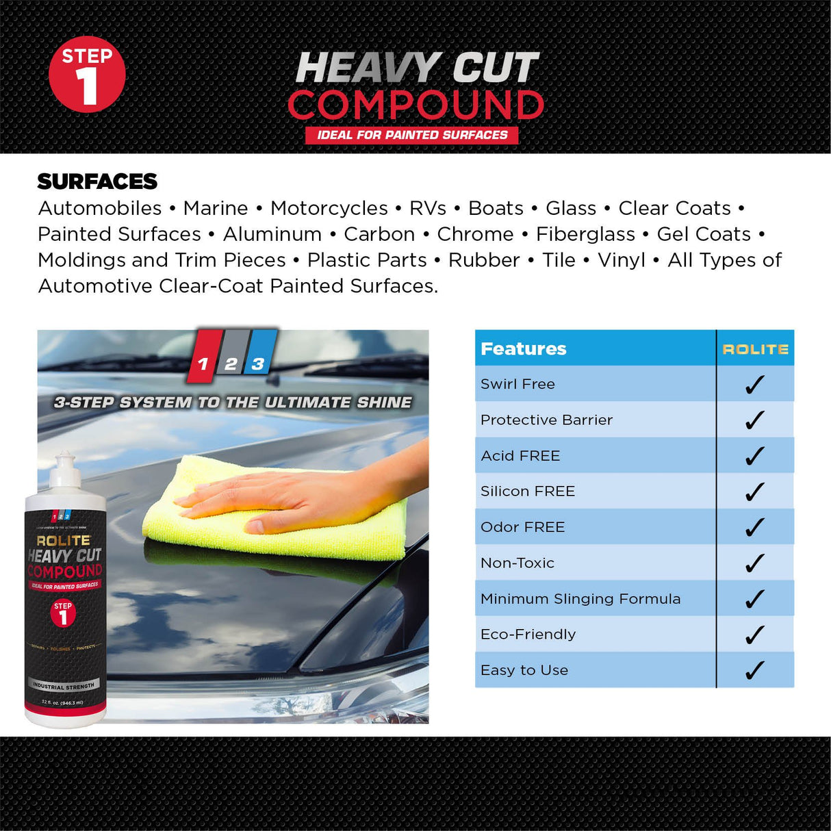 Rolite - RHCMCUF4zCP 's 3 Step System to The Ultimate Shine (4 fl. oz.) with Heavy Cut Compound, Medium Cut Polish and Ultra Fine Finish Combo Pack Rolite