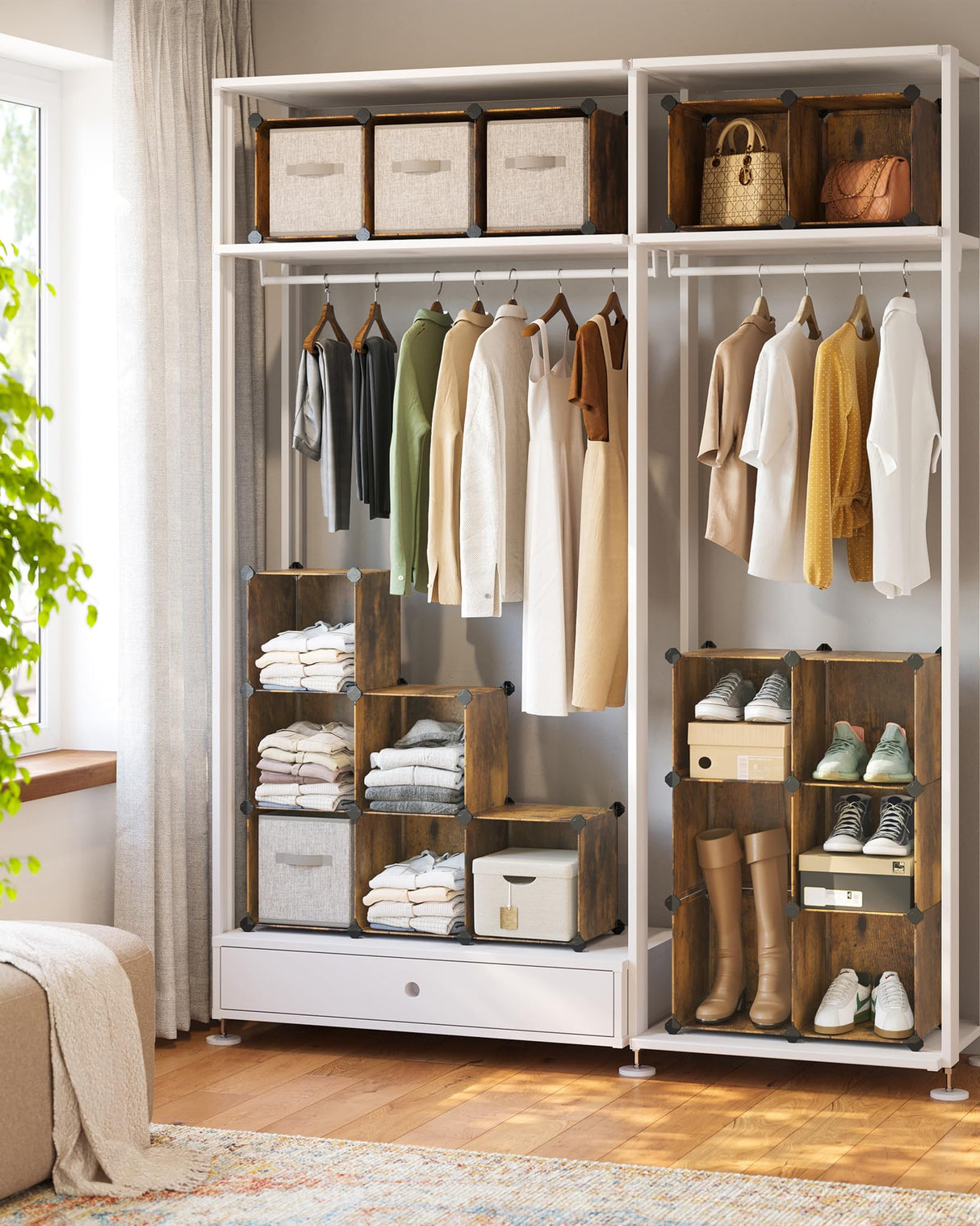 SONGMICS Cube Storage Organizer, Set of 16 Plastic Cubes, Closet Organizers and Storage, Room Organization, Bedroom Living Room, 12.2 x 48.4 x 48.4 Inches, Rustic Brown ULPC442A01 SONGMICS