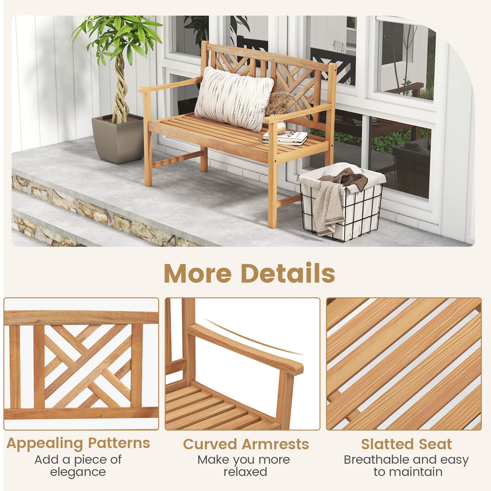 Tangkula 2-Person Acacia Wood Patio Bench - Thumbnail 5