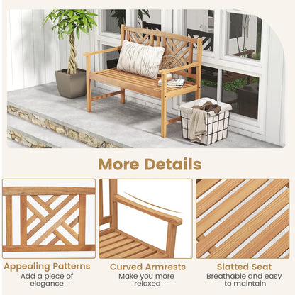 Tangkula Patio Acacia Wood Bench, 2-Person Outdoor Loveseat Chair, Cozy Armrest & Backrest, Sturdy Acacia Wood Frame, Outdoor Slatted Seating Bench
