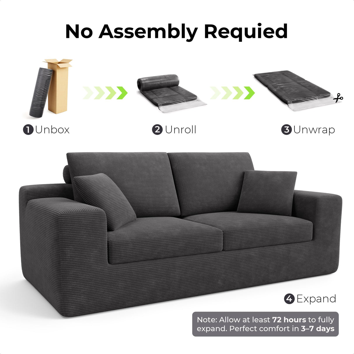 LIKIMIO 78" Loveseat Sofa in a Box, Cloud Boneless Couch with Comfy Deep Seat, No Assembly Required, Modern Upholstered Corduroy Sofa for Living Room, Apartment, Home Office, Dark Grey LIKIMIO