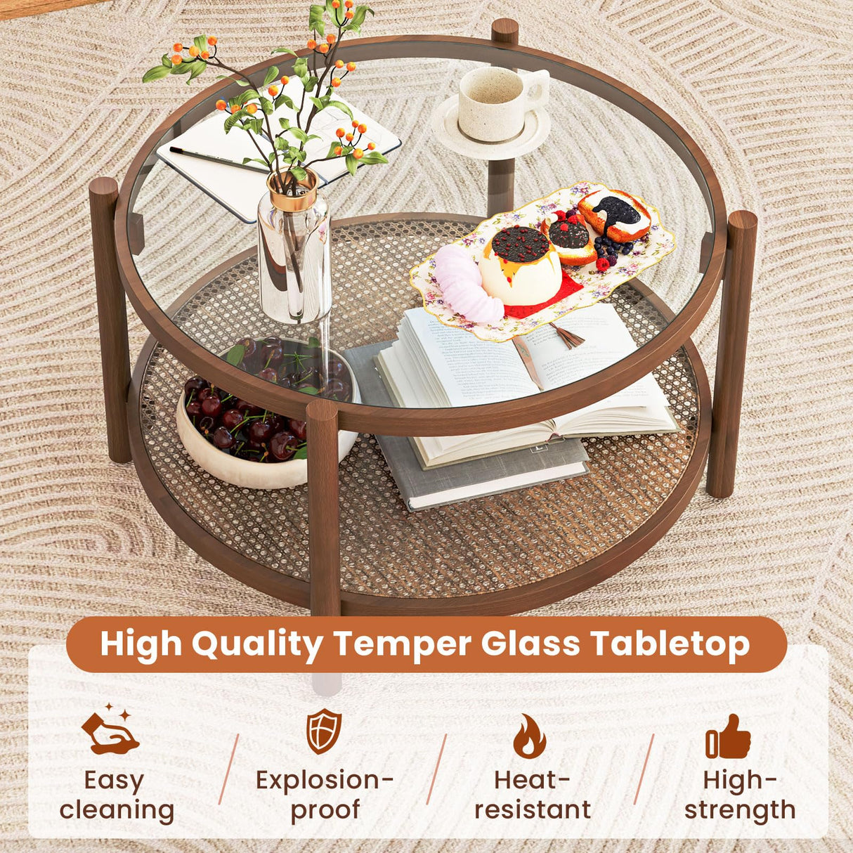 Giantex Rattan Coffee Table, Boho Round Glass Tea Table with PE Rattan Storage Shelf & Wood Frame, 2 Tier Accent Center Table for Living Room, Apartment, Small Space Giantex