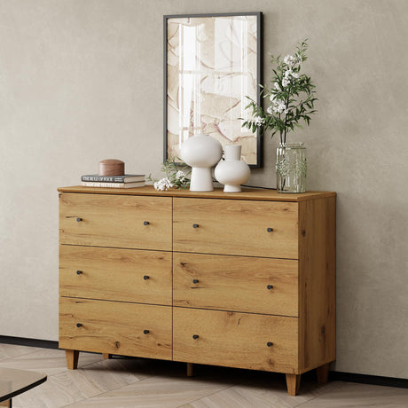 WAMPAT Dresser with 6 Drawers for Bedroom, Wooden Kids Dressers with Wide Chest of Drawers, Modern Closet Storage Organizer Furniture with Solid Wood Legs for Living Room, Hallway, Nursery, Oak Brown WAMPAT