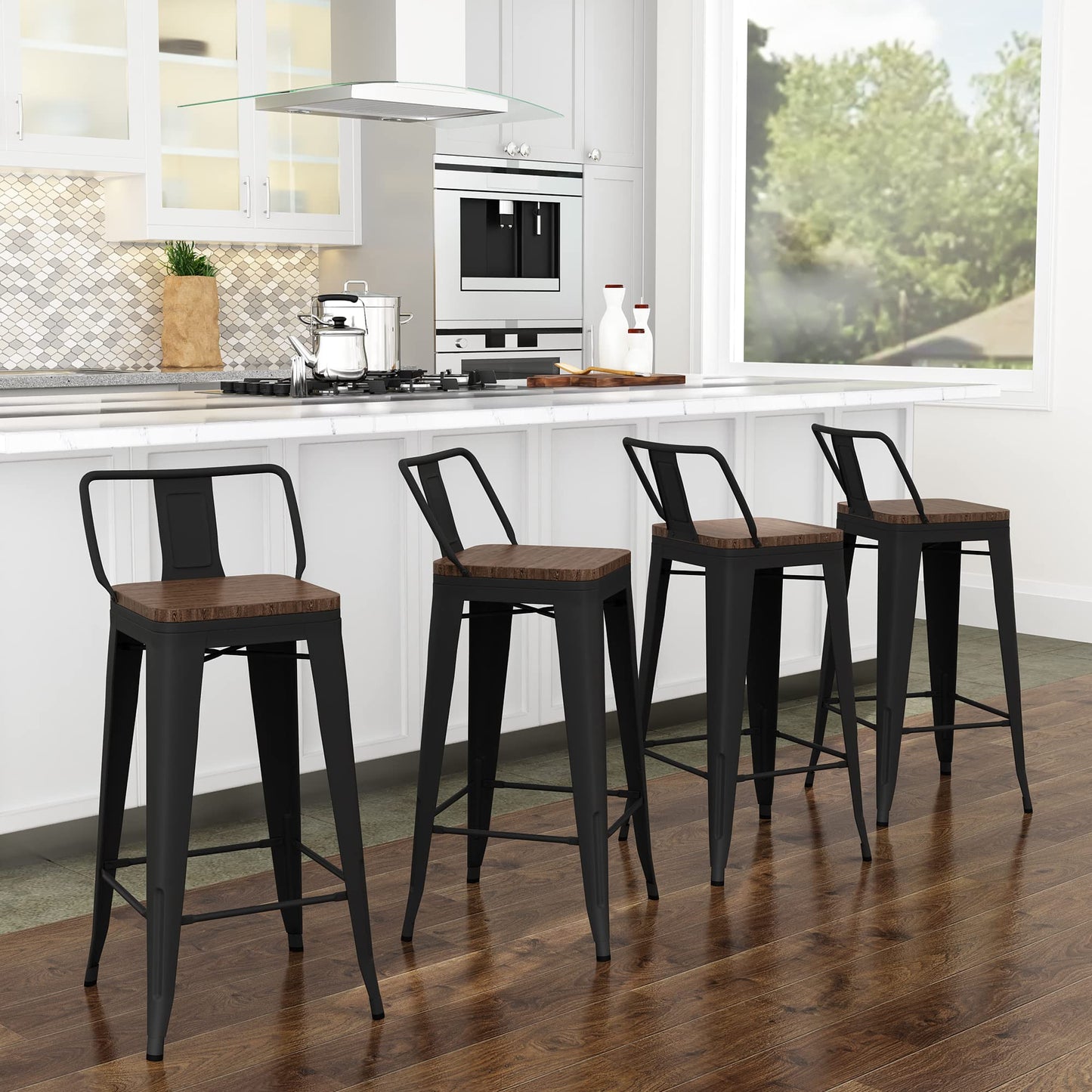 Yongchuang 24" Metal Barstools Set of 4 Counter Bar Stools with Wood Top Low Back Matte Black - WoodArtSupply