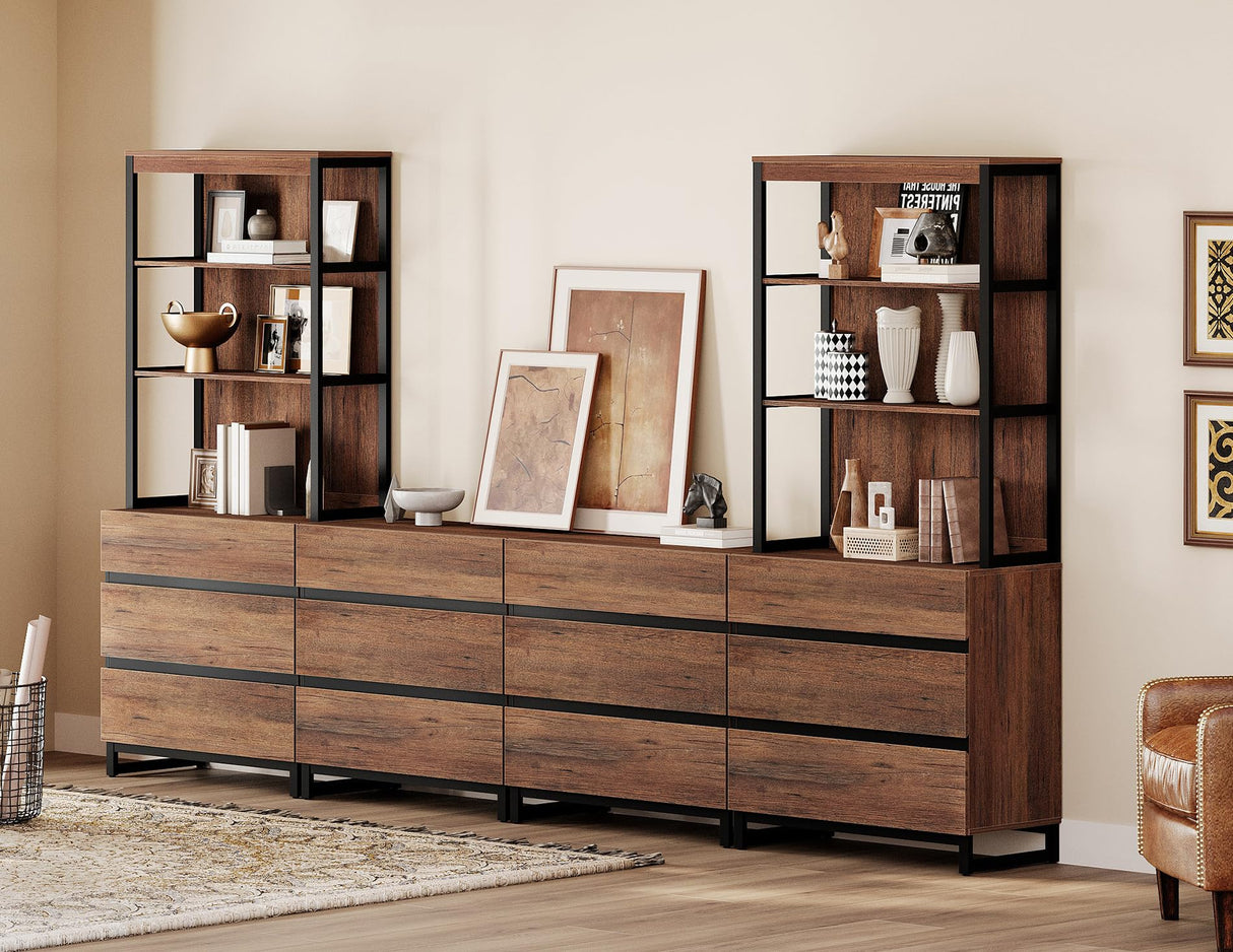 WAMPAT 3 Tier Modern Bookshelf with 12 Drawers, 72" Tall Bookcase with Black Metal Legs, Large Display Bookcase Organizers，Library Wood Bookshelves for Home Office, Living Room, Brown WAMPAT