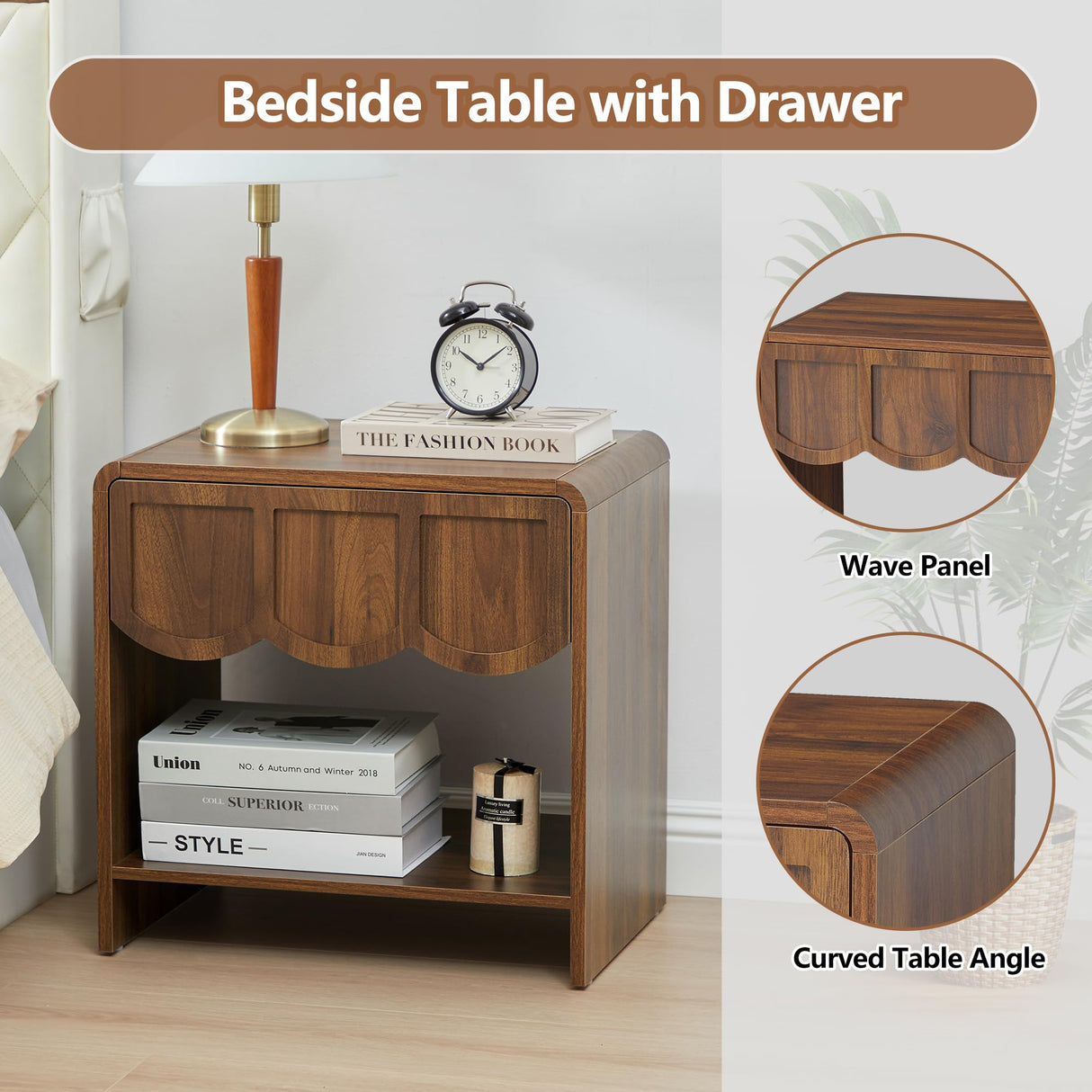 Night Stand Set of 2, Mid Century Modern Farmhouse Wood Nightstand with Wave Panel Drawer, Bed Side End Table for Small Space, Living Room - Walnut ORRD