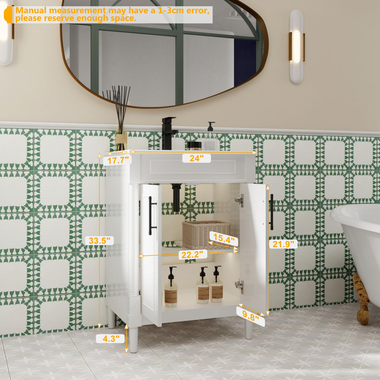 LUCKWIND 24" Bathroom Vanity with Sink Combo, Mid-Century Painted Bathroom Storage Cabinet with Cylindrical Feet, Undermount Sink and Vintage Handles, Mirror is NOT Included, White LUCKWIND