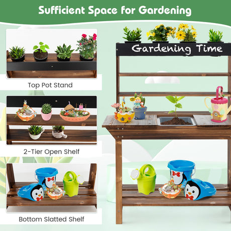 HONEY JOY Kids Potting Bench Table, Fir Wood Garden Potting Benches for Outside, Removable Sink, 4 Flower Pots, Chalkboard, Children Planting Table Work Bench, Mud Kitchen for Kids Outdoor Backyard HONEY JOY