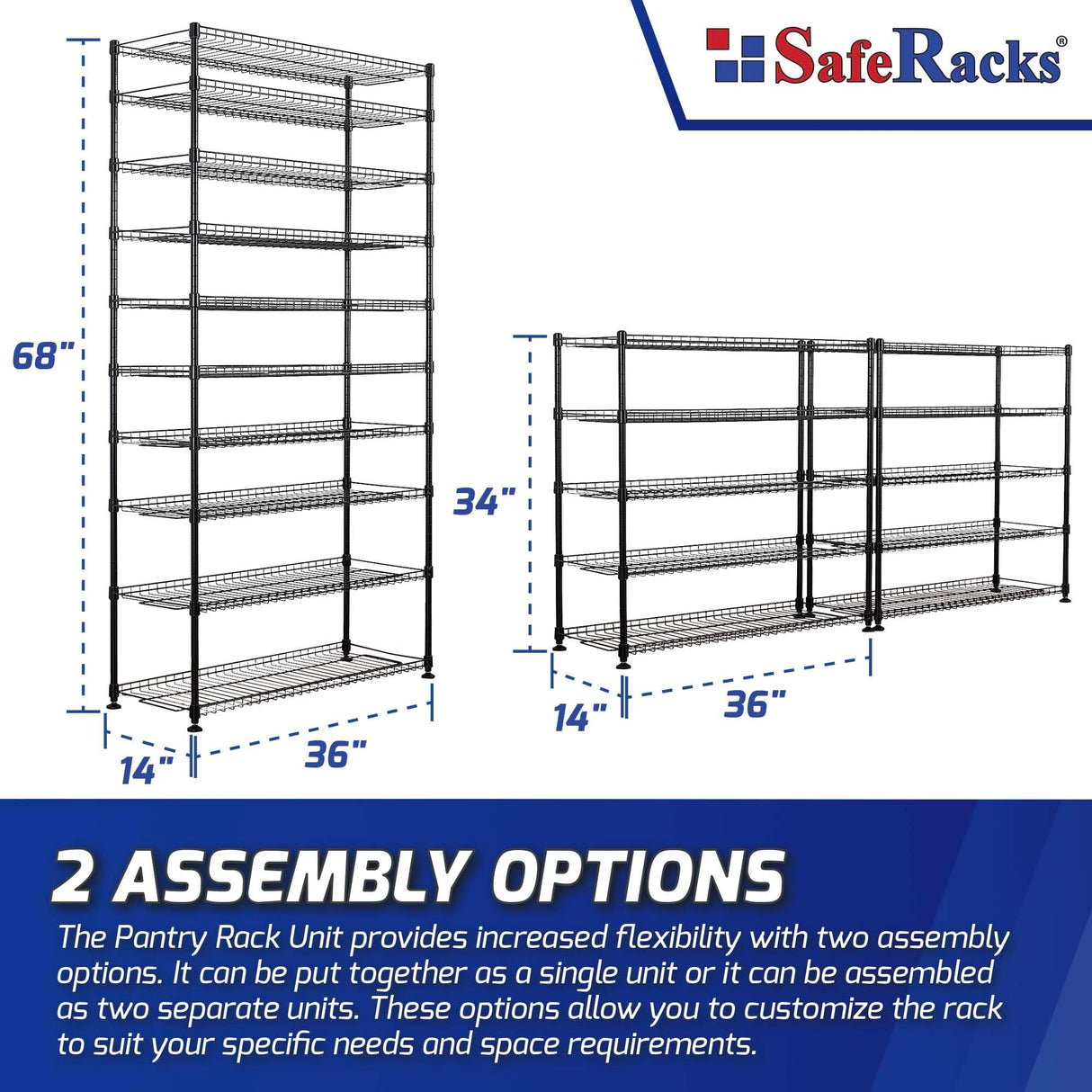 SafeRacks 10-Tier Pantry Shelf, Metal Wire Shelving Unit with Adjustable Shelves & Feet, Anti-Tip Kit, NSF Certified Steel Storage Rack for Kitchen or Garage Black 14" D×36" W×68" H SafeRacks