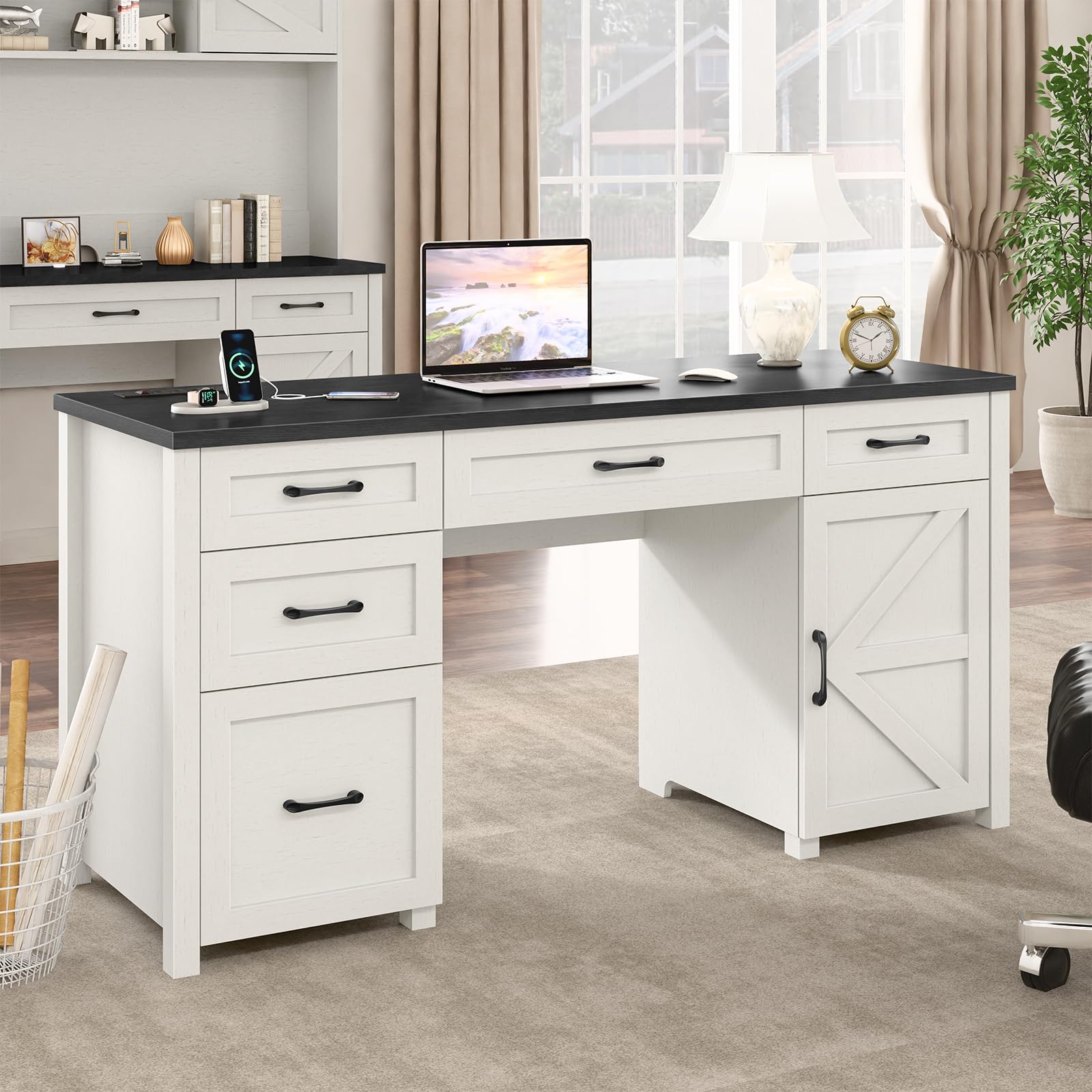 Farmhouse 61'' Executive Desk with 5 Drawers, Rustic Office Desk Computer Desk with Charging Station, File Drawers and Storage Cabinet, Wood Workstation for Home Office and Study, Black - WoodArtSupply