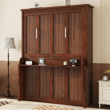 KEIKI Queen Size Murphy Bed with Desk, Horizontal Wood Wall Bed Cabinet with Gas Struts, Space-Saving Folding Bed for Bedroom, Living Room, Guest Room, Walnut KEIKI