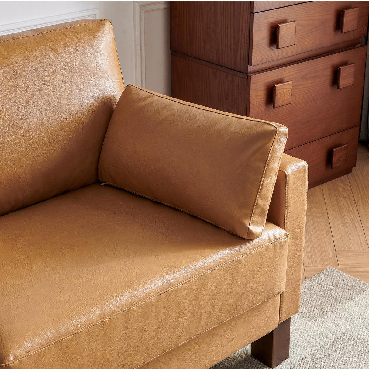 Atopston 66'' Faux Leather Couch, Small Sofa with Thick Cushion and Wooden Legs, for Compact Apartment loft and Office, Tan Atopston