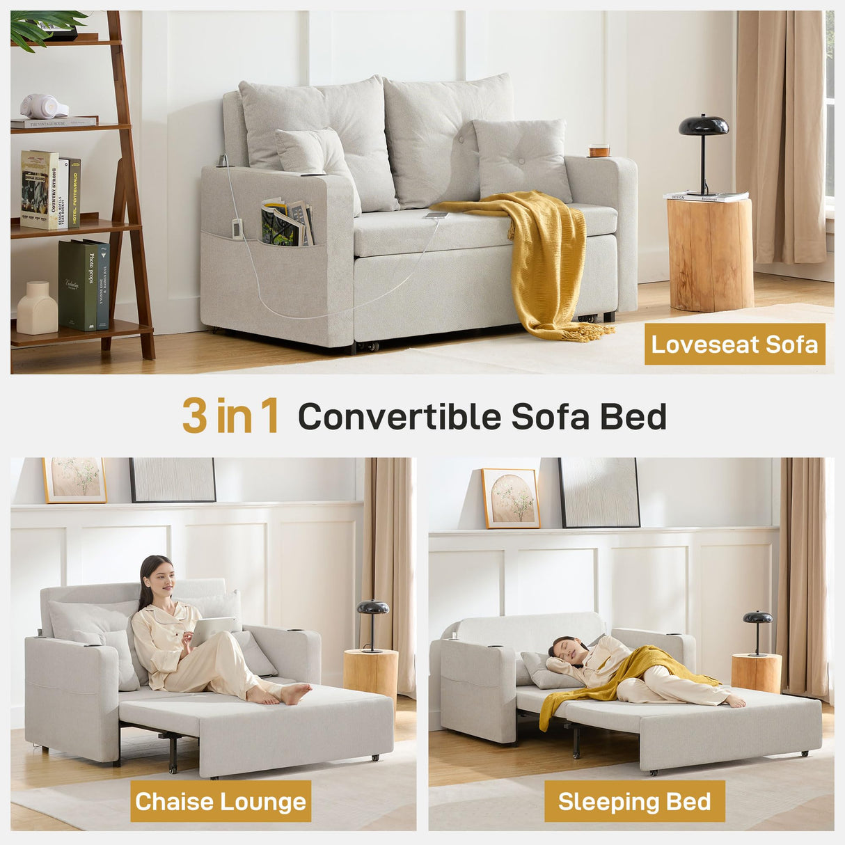 Busaurus 3 in 1 Convertible Sofa Bed, 56" Full Size Loveseat Sleeper Sofa Couch Bed, Sleeper Sofa Bed with Storage Pocket, USB, Comfy Pull Out Sofa Bed for Living Room, Bedroom, Small Space, Beige Busaurus