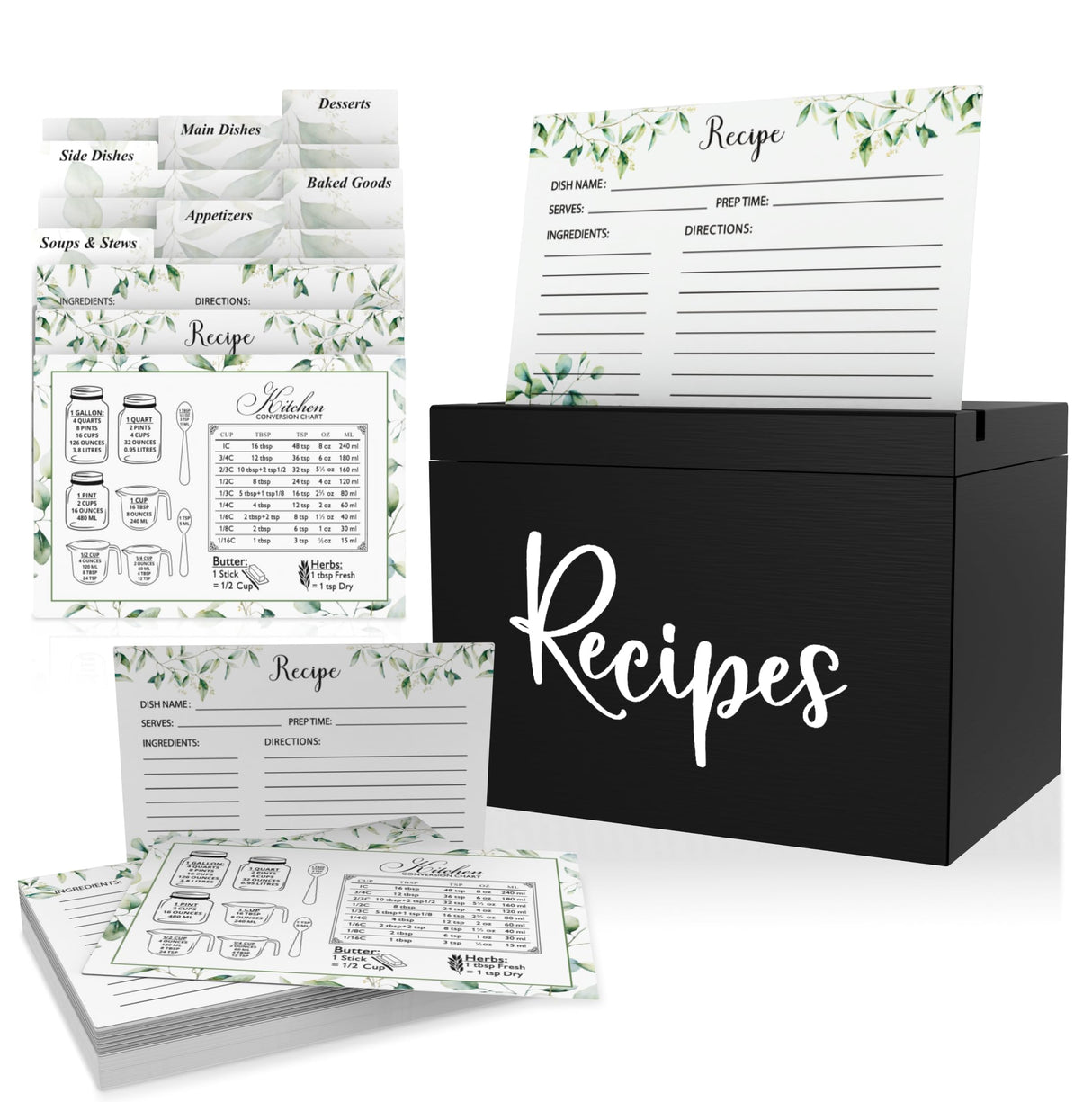 Jaconine Recipe Box, Wooden Recipe Organizer, Recipe Holder Box with 50 Recipe Cards 4""x6"" & 6 Dividers, Recipe Book to Write in Your Own Recipes, Black Jaconine