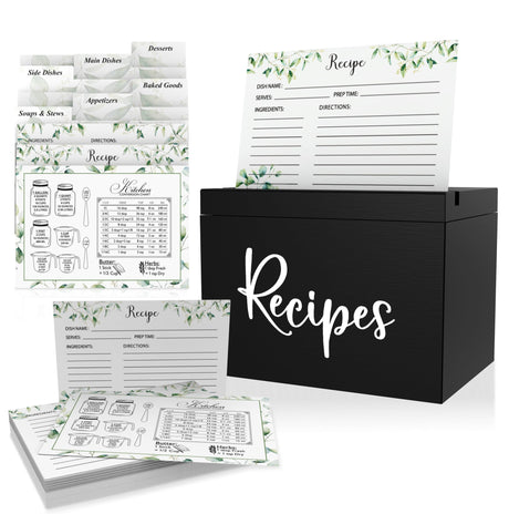 Jaconine Recipe Box, Wooden Recipe Organizer, Recipe Holder Box with 50 Recipe Cards 4""x6"" & 6 Dividers, Recipe Book to Write in Your Own Recipes, Black Jaconine