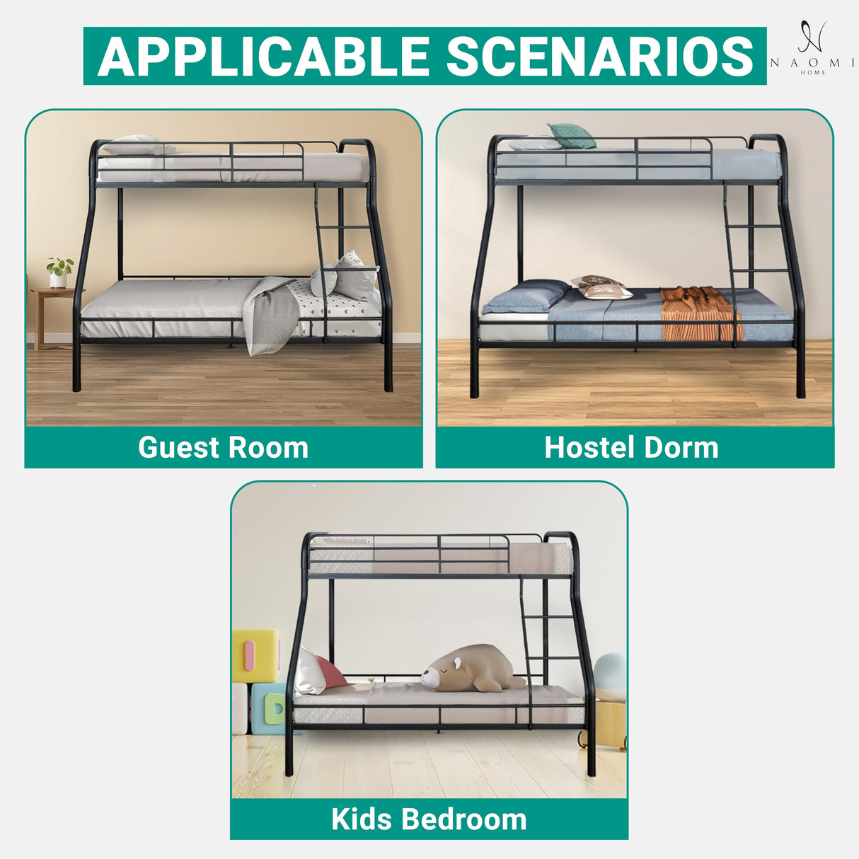 Hollywood Bunk Beds Twin Over Full Size, Heavy Duty Metal Bunk Bed with Safety Guardrails, Angled Ladder, Underbed Storage, 800LBs capacity - for Kids and Teens, Twin over Full Bunk Bed, Black Naomi Home